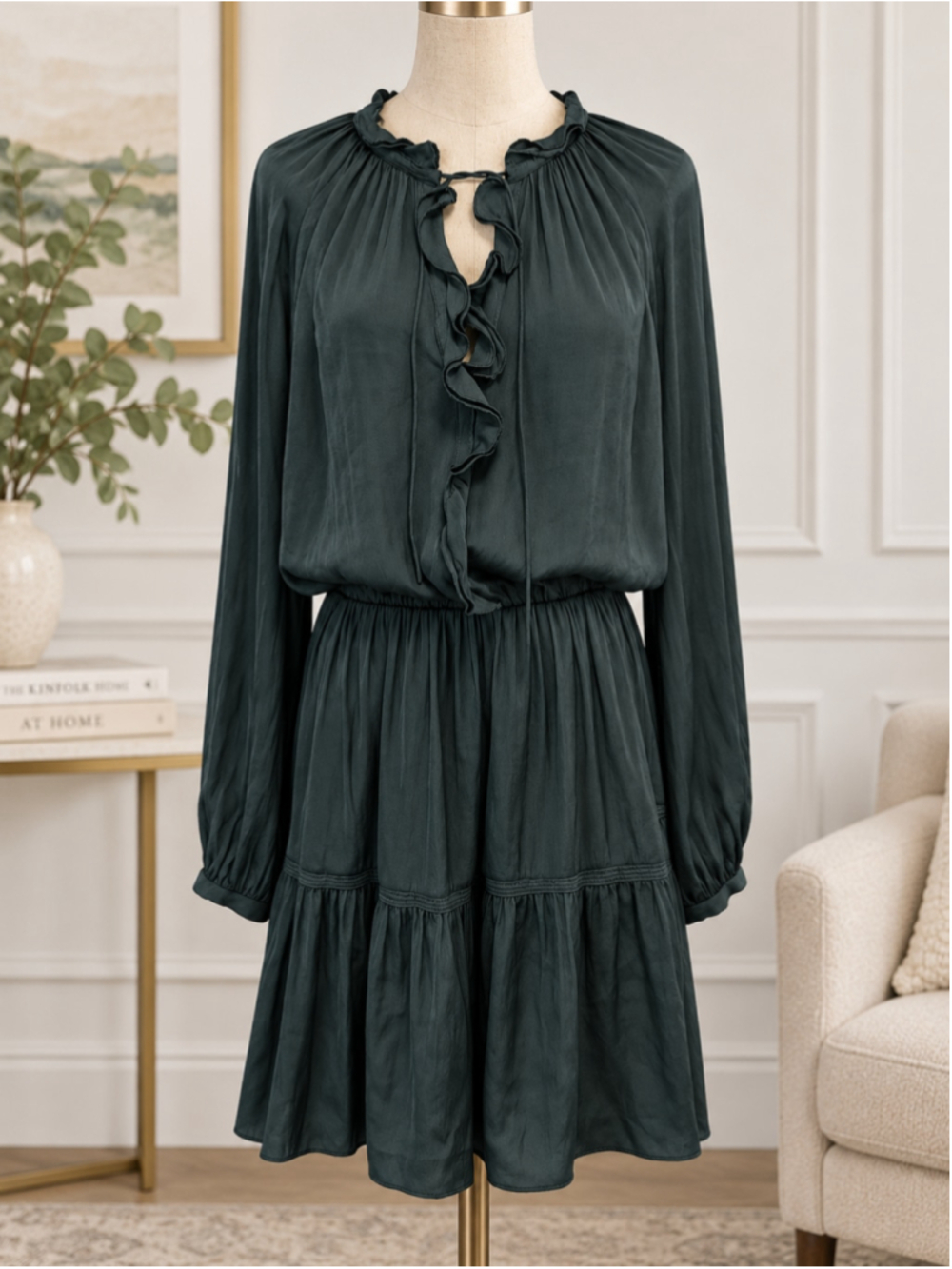 Current Air Los Angeles Dark Forest Green Ruffle Tiered Dress M